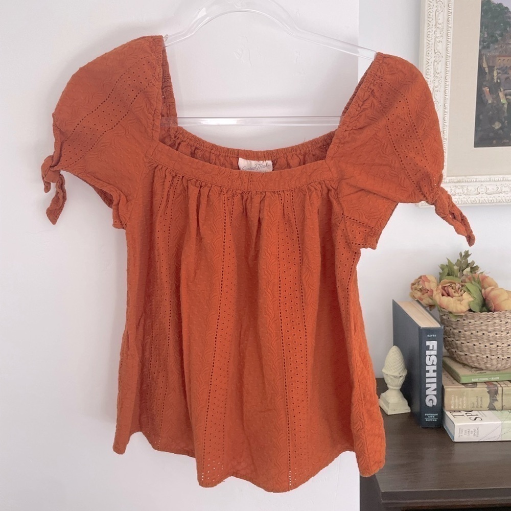 Universal Thread Square Neck Eyelet Short Sleeve Blouse Burnt Orange Size Small
